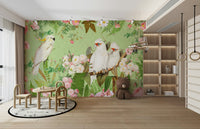 Beautiful floral and bird mural with white cockatoos.

