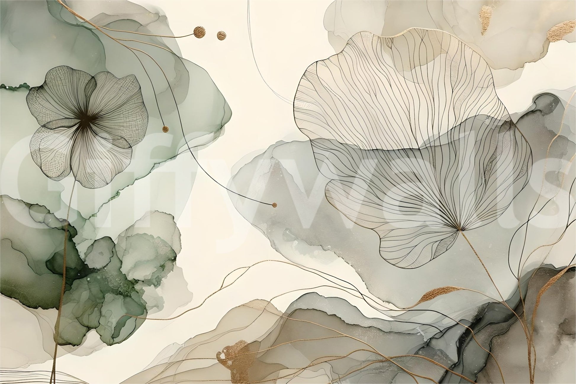 Hand-painted sage green floral mural with blossoms.

