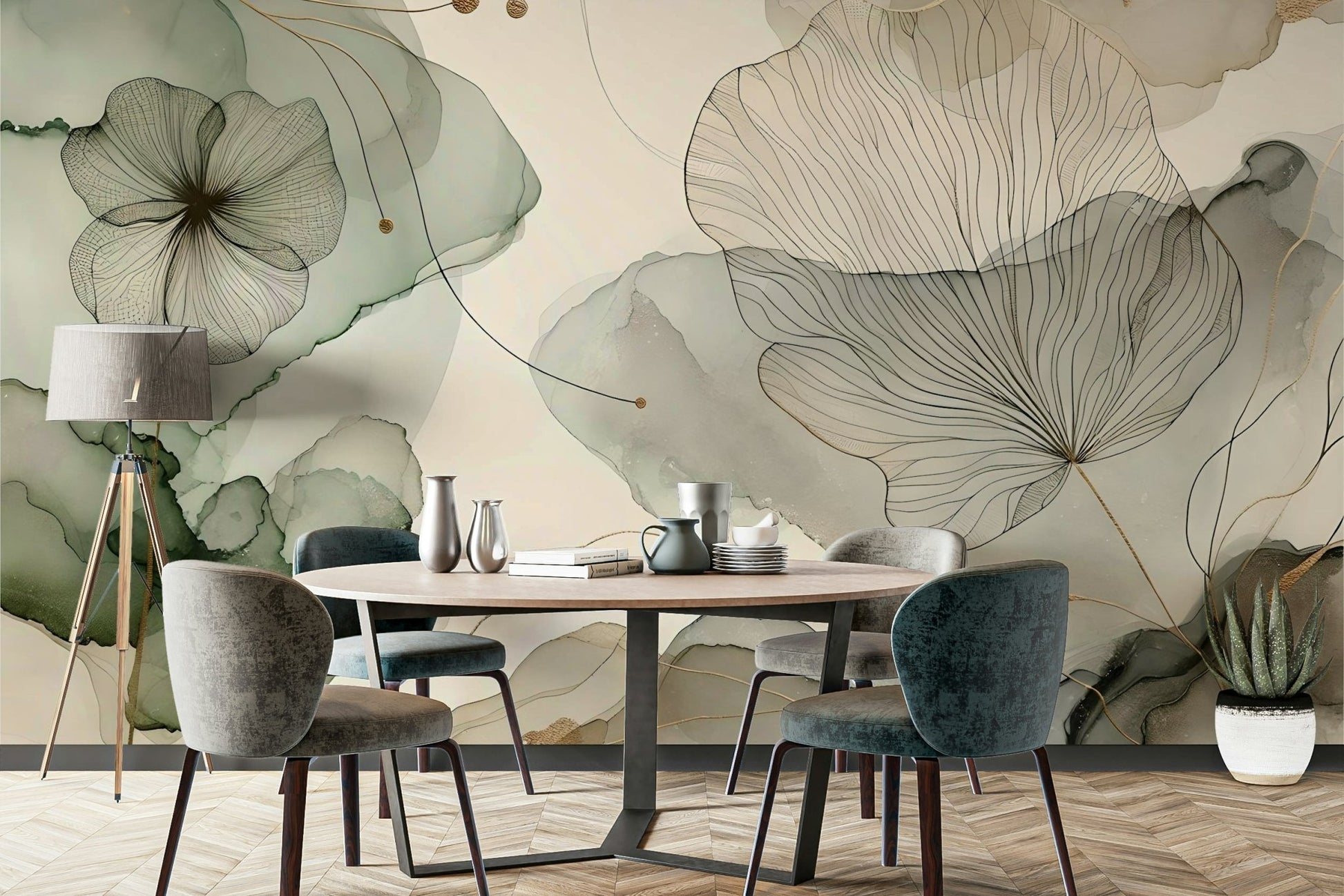 Soft botanical mural with green and ivory blooms.

