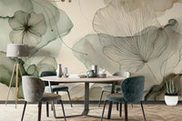 Soft botanical mural with green and ivory blooms.

