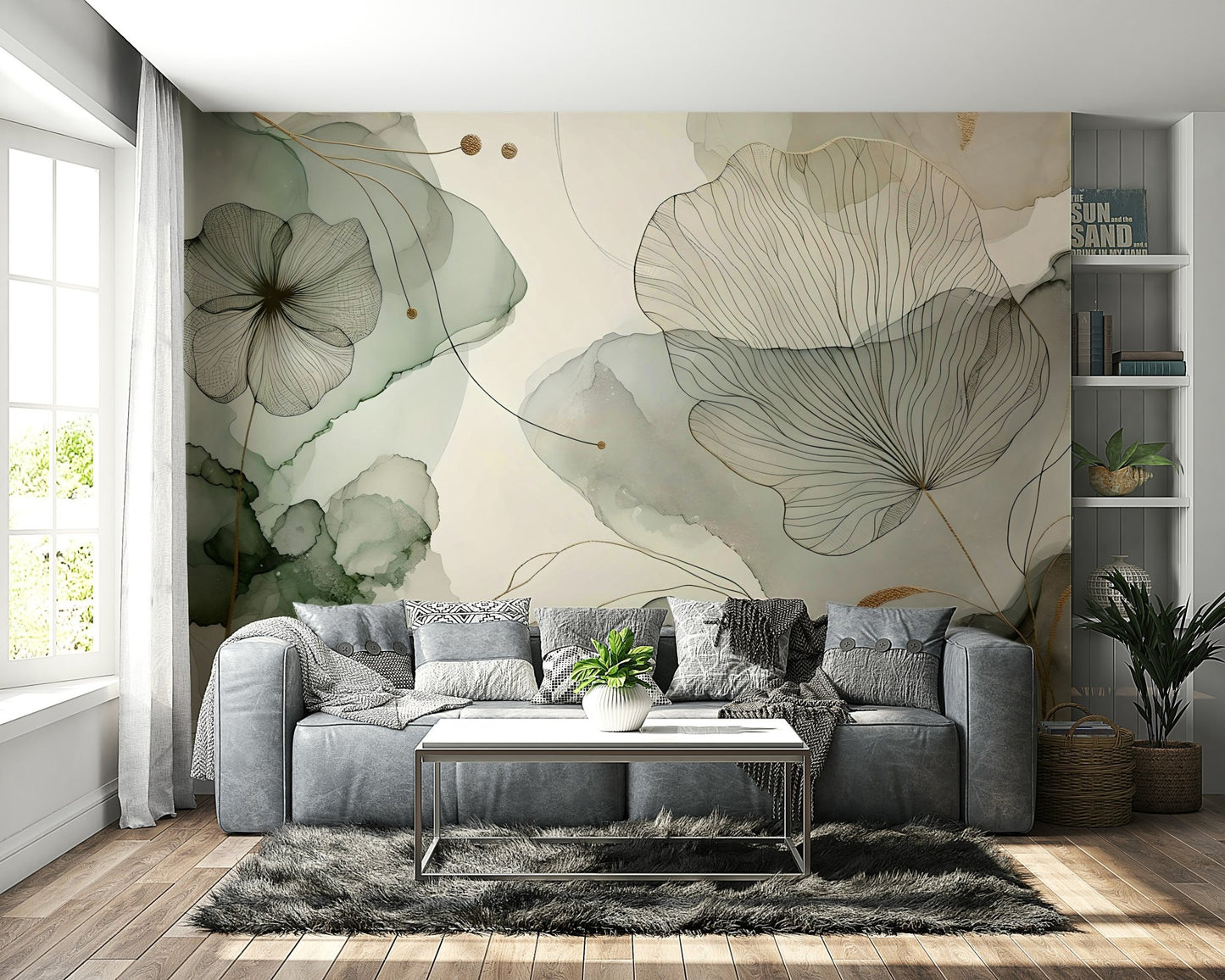 Elegant wallpaper with pale flowers and sage leaves.

