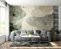 Elegant wallpaper with pale flowers and sage leaves.

