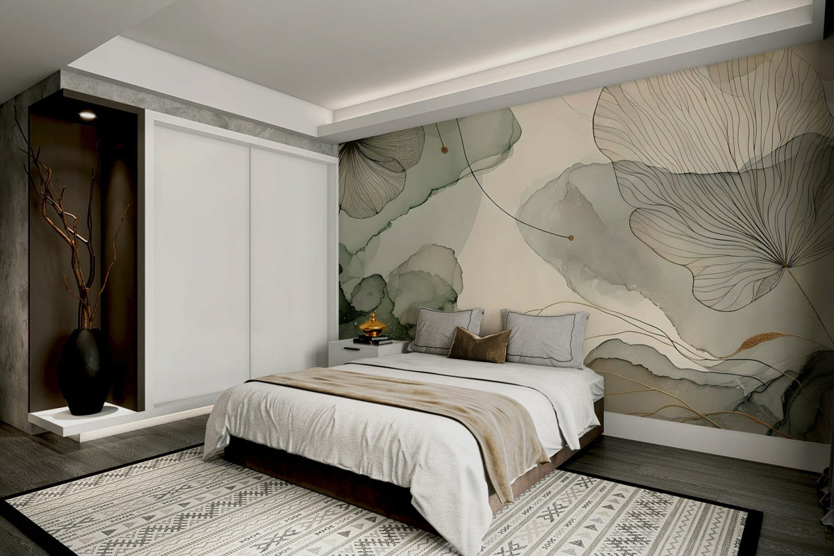 Sage green floral mural with soft blossoms., GD1622