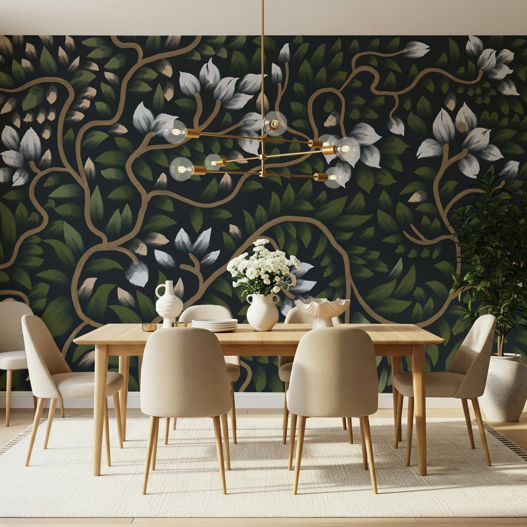 Whispering Secrets wall mural showing white blooms on a dark green ground GD7382