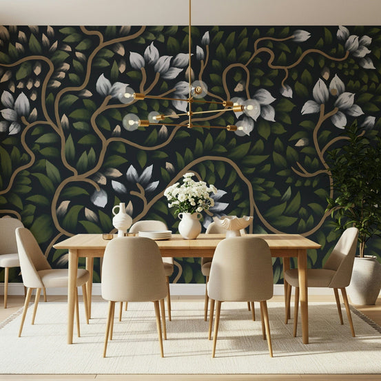 Whispering Secrets wall mural showing white blooms on a dark green ground GD7382