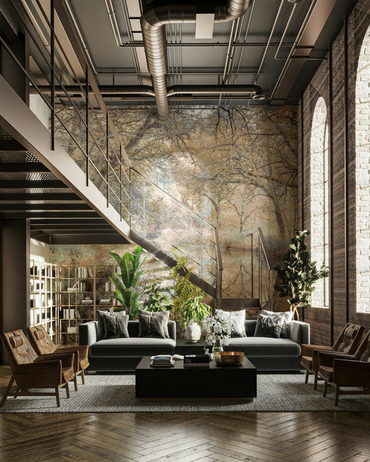 A beautiful, tranquil river wallpaper mural with reflections.

