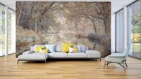 A serene nature scene wall mural in soft, muted tones., GD4632