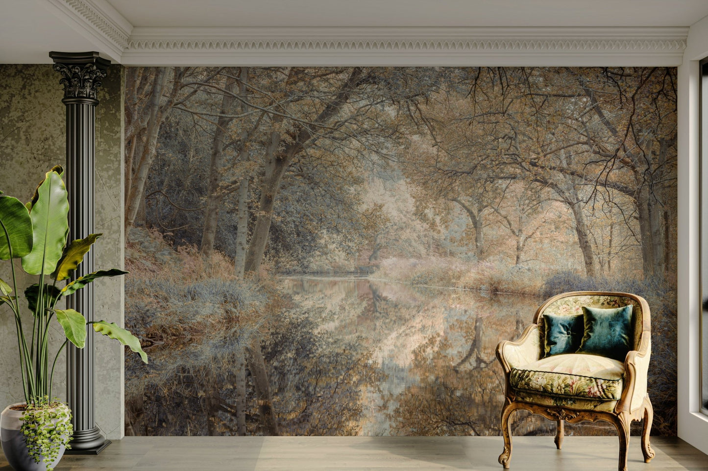 A calming woodland river wallpaper mural that defines a space., GD4632