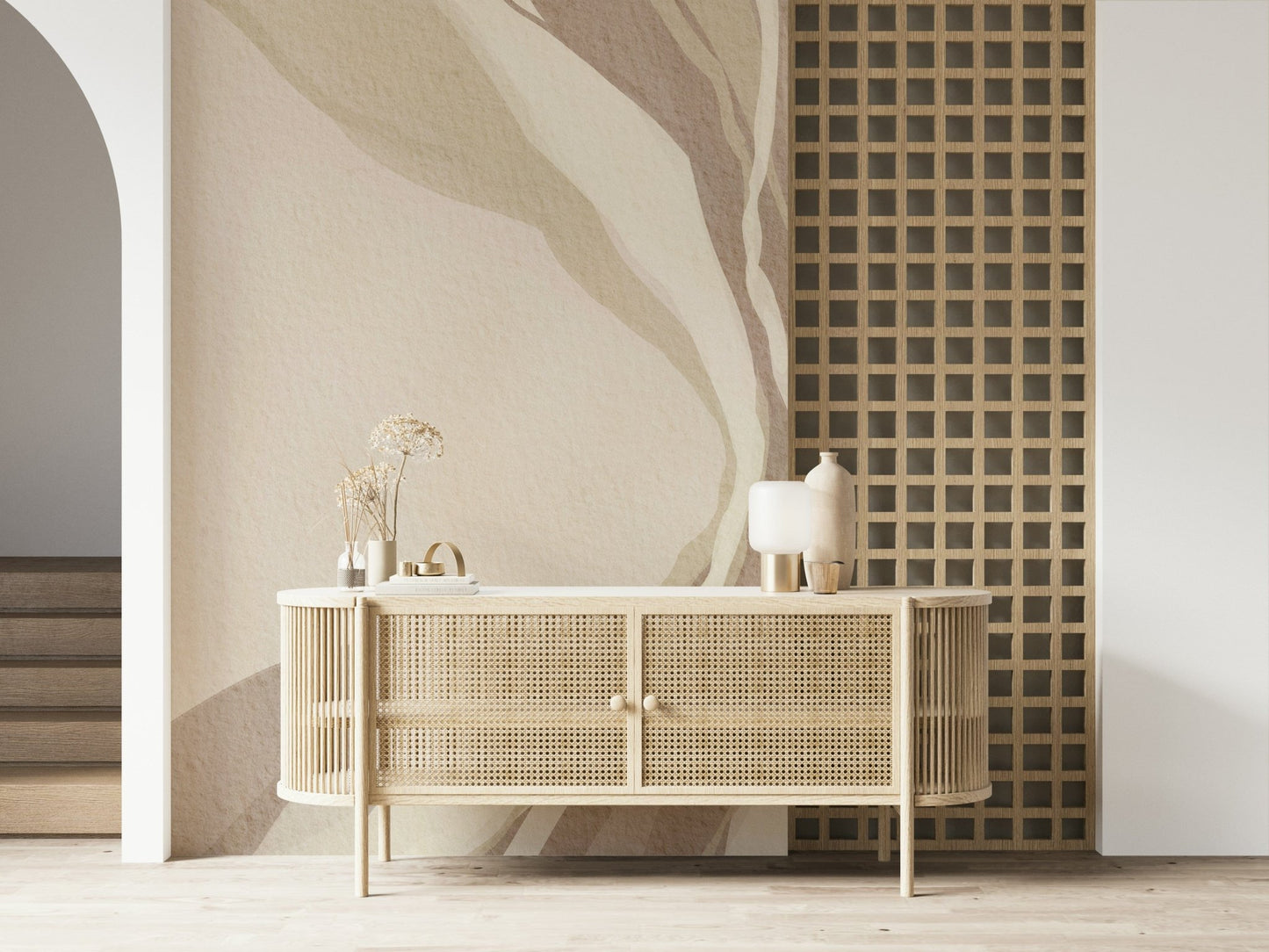 Luxury abstract Whispering Waves wallcovering, soothing aesthetic pattern.
