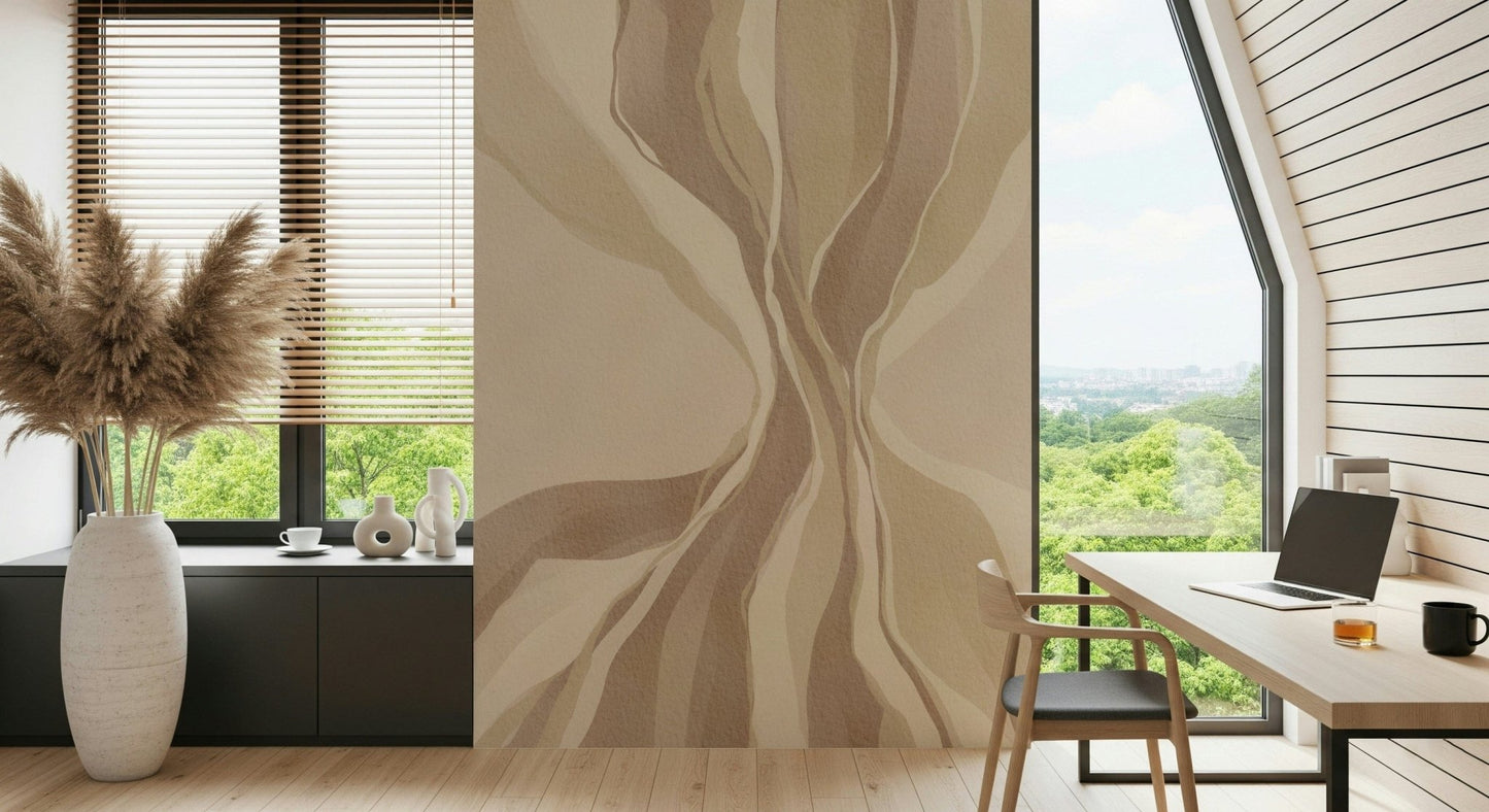 Abstract flowing pattern wall mural in neutral, natural, subtle tones.