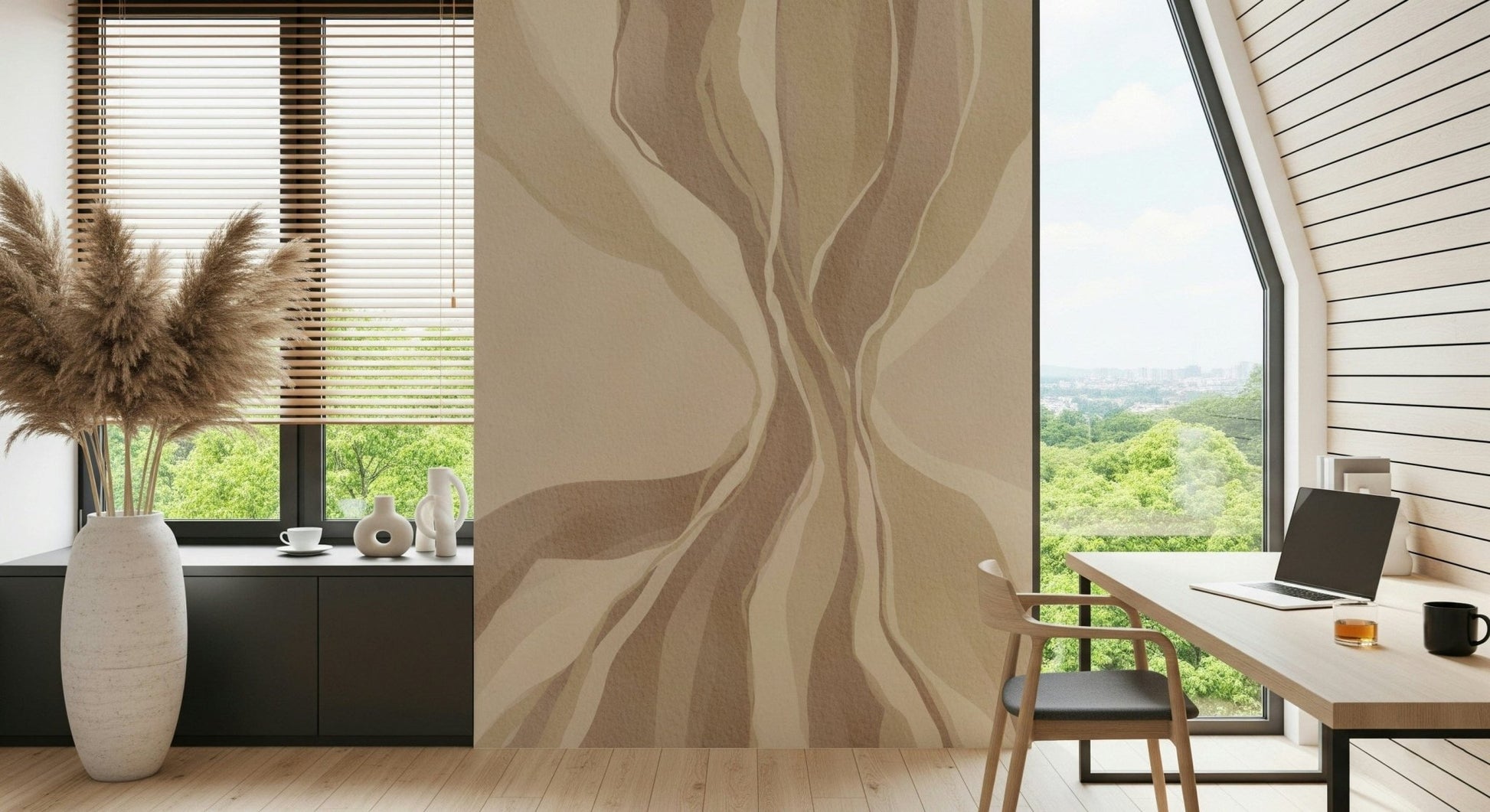 Abstract flowing pattern wall mural in neutral, natural, subtle tones.
