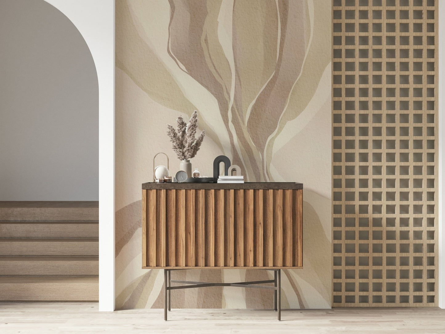 Neutral tone wallpaper mural, Whispering Waves, with organic, soft shapes.