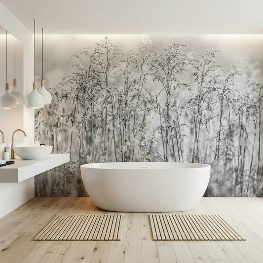 Soft beige botanical wallpaper for a calming nursery or children's room mural.