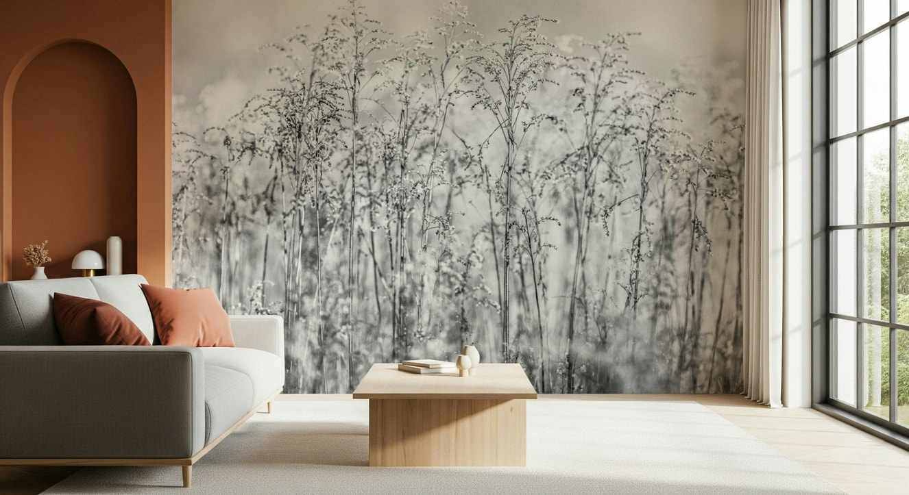 Whispering Weeds Wall Mural in a minimalist living room with grey seating wallpaper.