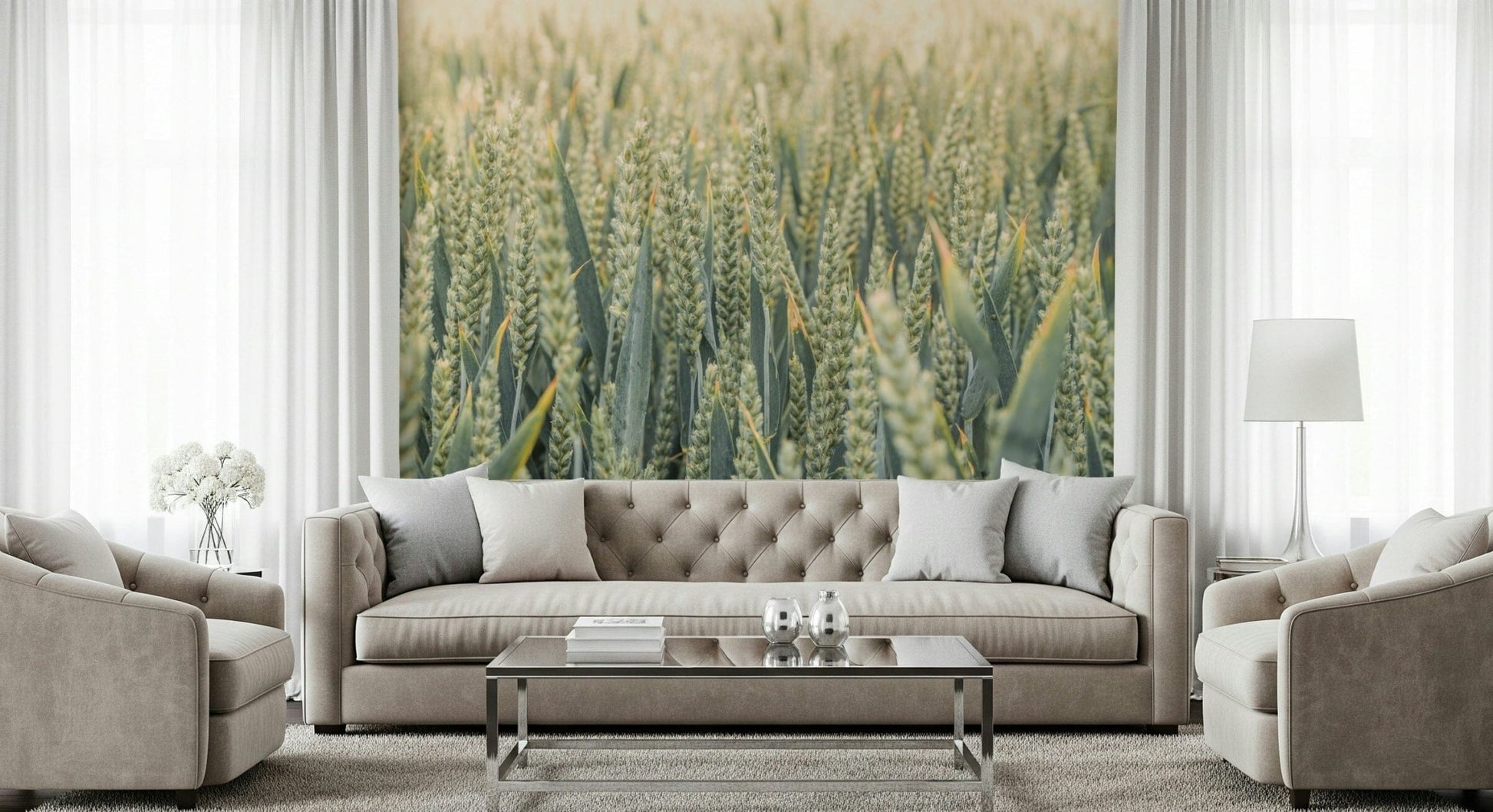 Calming botanical Whispering Wheat Fields Wall Mural room feature.