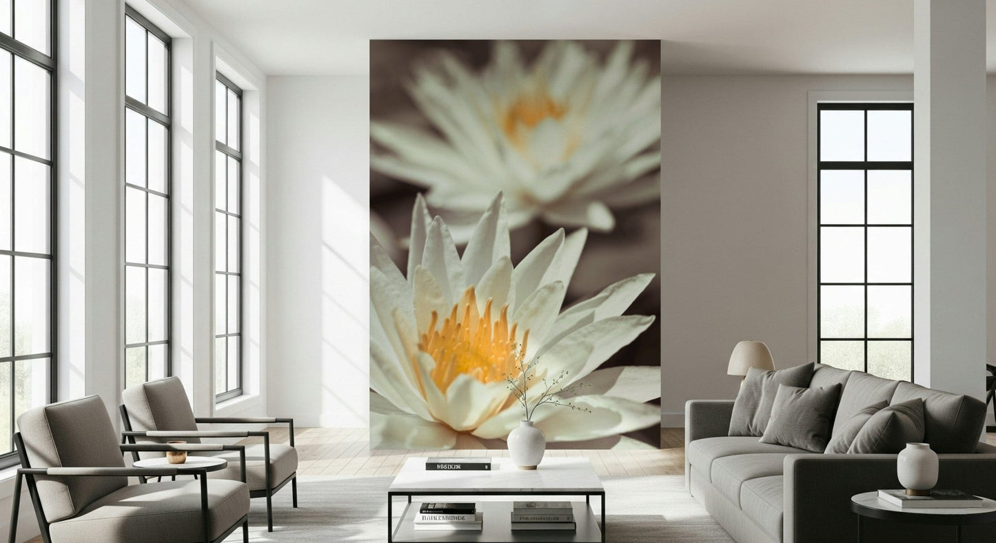 Whispering White Lilies wallpaper depicts ivory aquatic flower details.