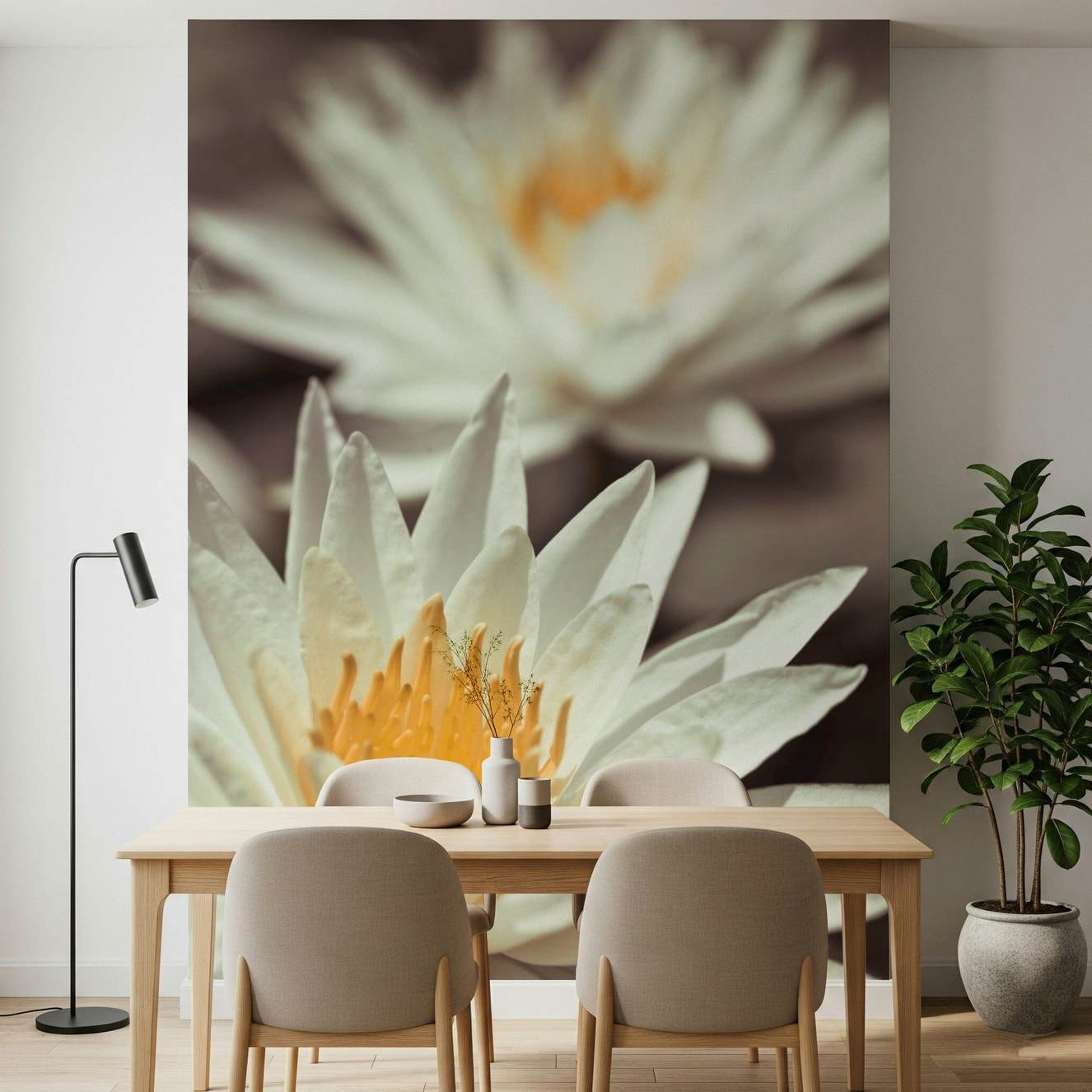 Radiant Whispering White Lilies wallpaper enhances bright living areas.