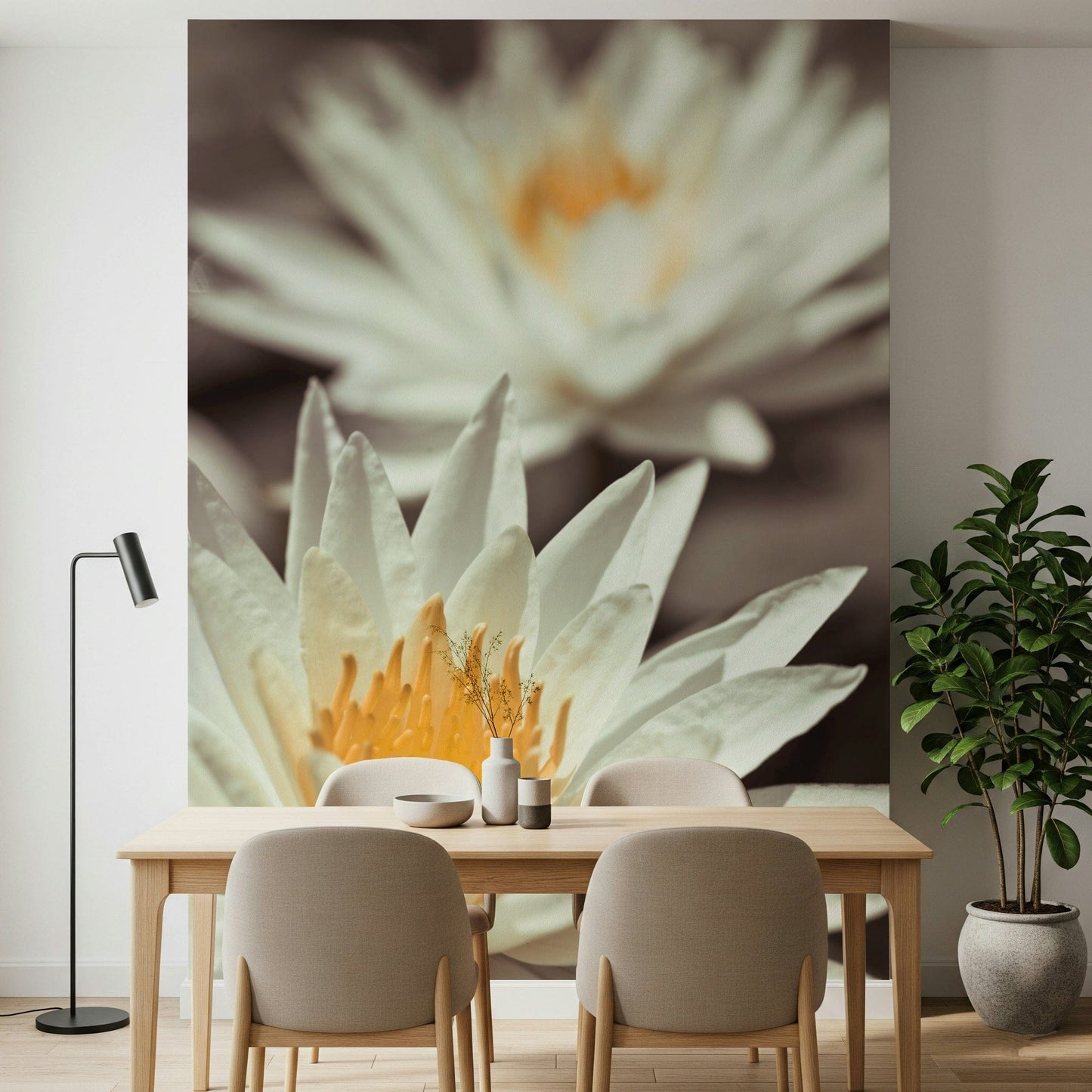 Radiant Whispering White Lilies wallpaper enhances bright living areas.