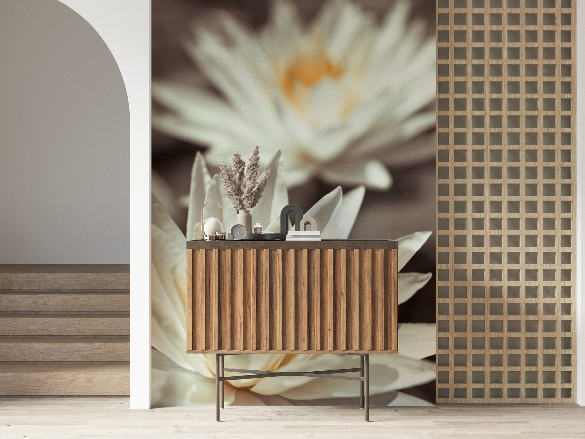 Luxury Whispering White Lilies wallpaper presents macro bloom textures.