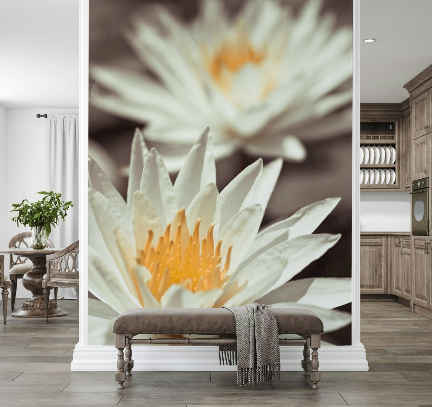 Minimalist Whispering White Lilies wall mural creates calm spaces.