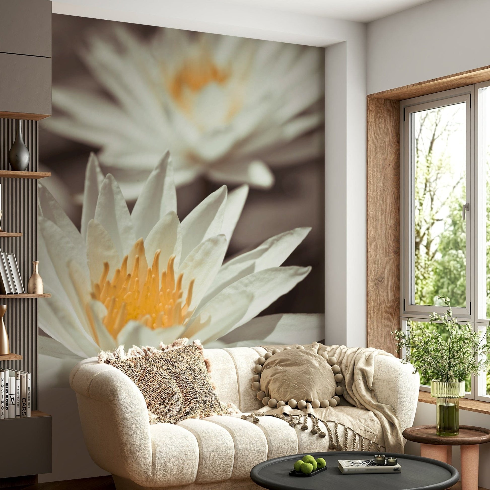 Whispering White Lilies wall mural showing creamy botanical petals.