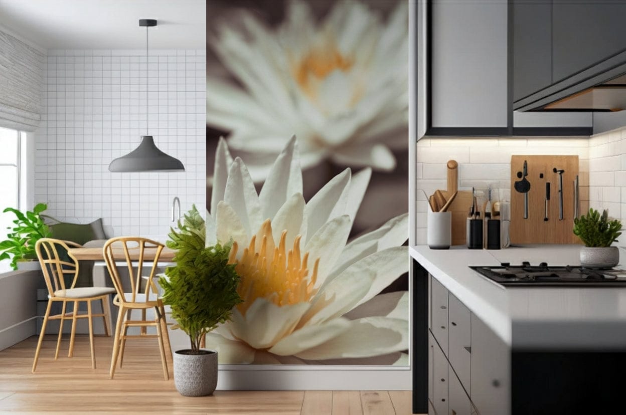 Whispering White Lilies wallpaper adds vintage chic floral vibes.