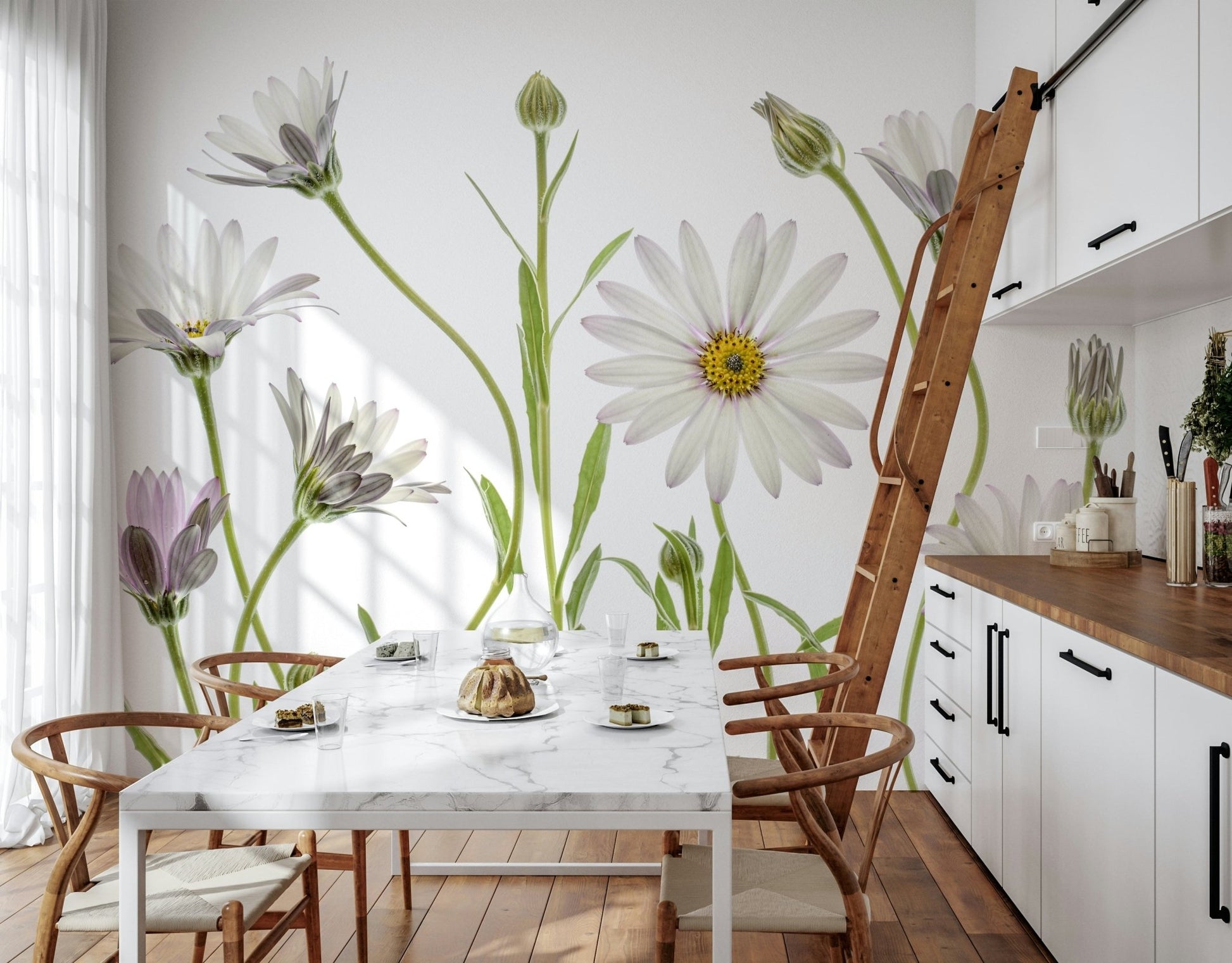 A contemplative gentle white wallpaper mural for a feature wall.