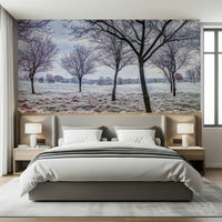 Ethereal hoarfrost landscape on Whispering Winter Fields wall mural for bedroom decor.