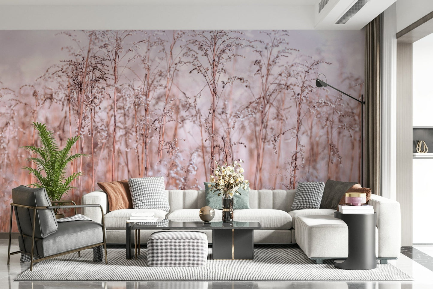 Misty tall grasses Whispering Winter Reeds Wall Mural, serene wall art.