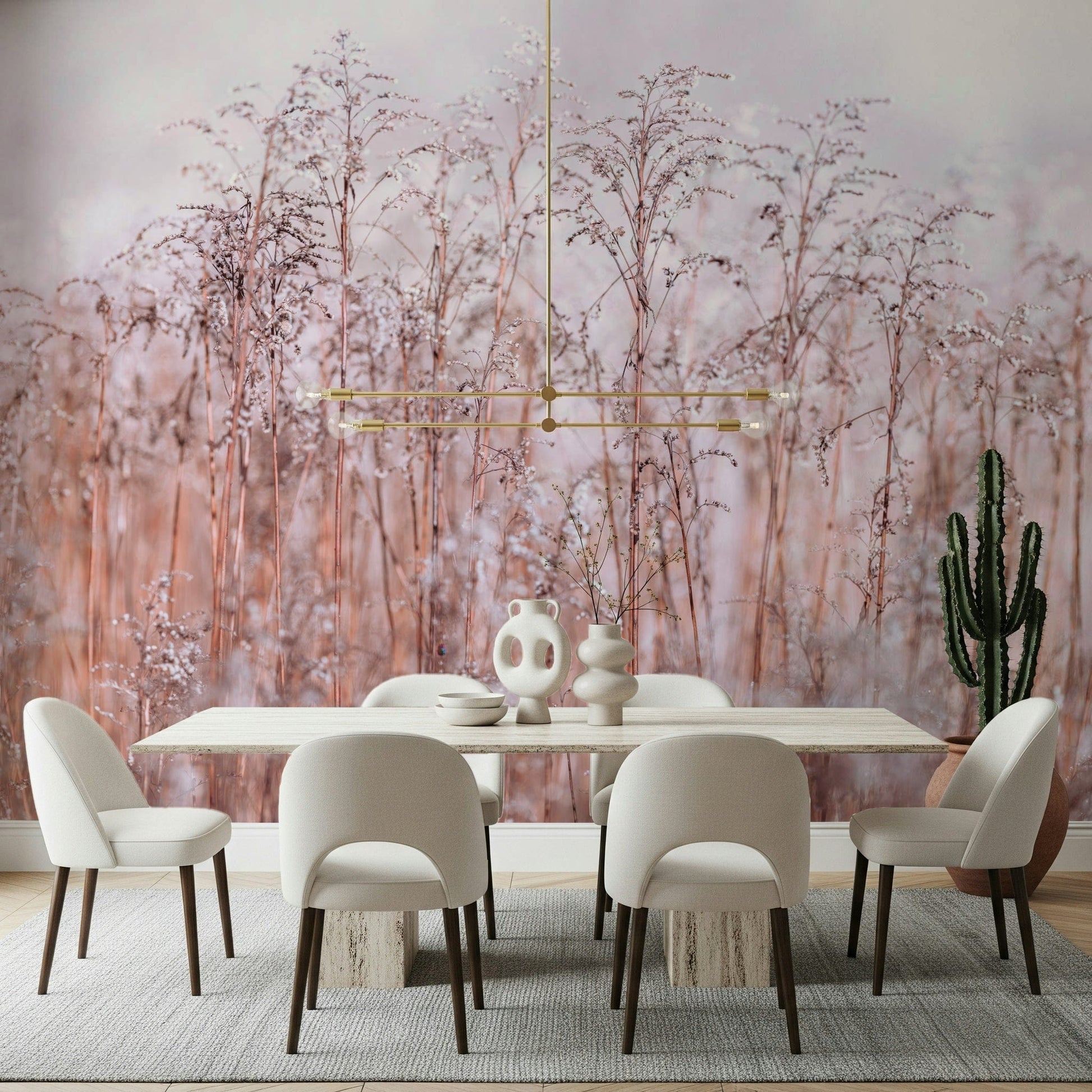 Blush pink Whispering Winter Reeds Wall Mural, subtle nature scene wallcovering.