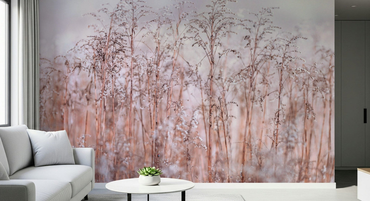 Tonal Whispering Winter Reeds Wall Mural, abstract winter botanical design.