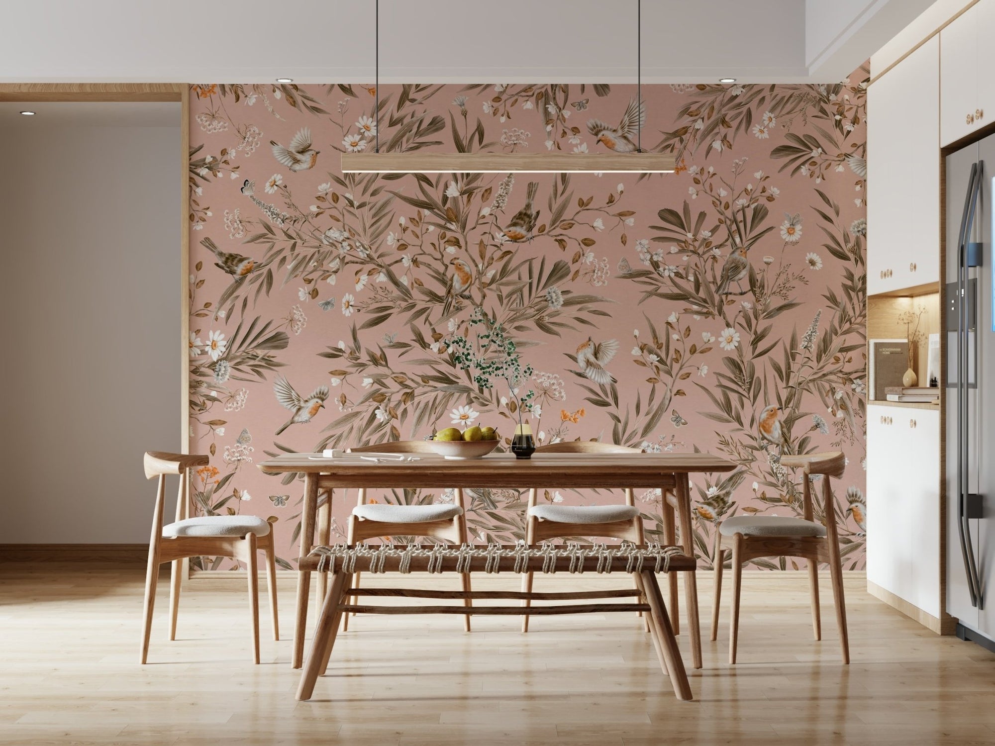 Whispering Woods Wallpaper Wall Mural in a minimalist bedroom., GD6294