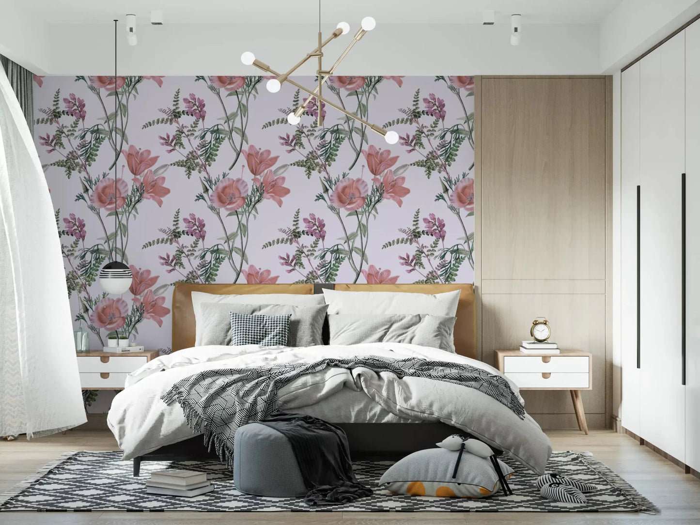 Peach blooms and green stems on Whispers from the Lilac Garden wallpaper in a bedroom