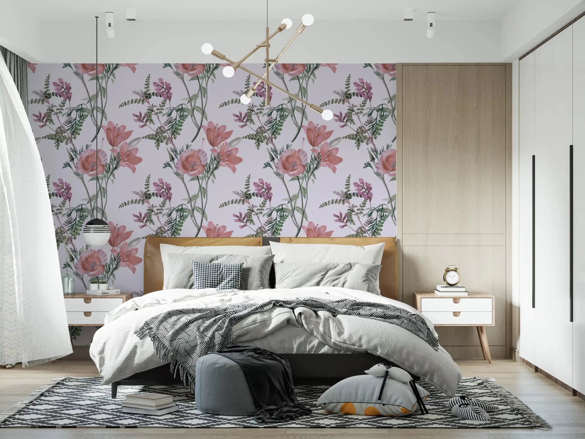Peach blooms and green stems on Whispers from the Lilac Garden wallpaper in a bedroom