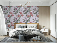 Peach blooms and green stems on Whispers from the Lilac Garden wallpaper in a bedroom