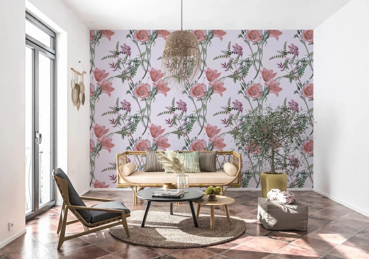 Pale lilac wallpaper with botanical flowers and fine leafy detailing