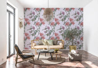 Pale lilac wallpaper with botanical flowers and fine leafy detailing