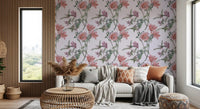Airy botanical details define Whispers from the Lilac Garden wallpaper in a hallway