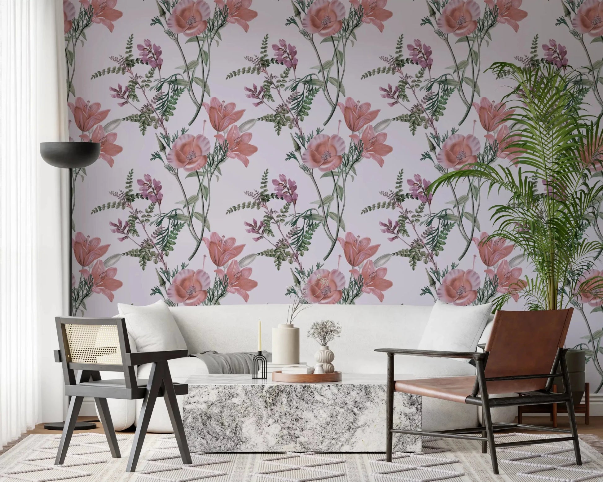 Soft pastel florals stand out on this elegant garden wallpaper