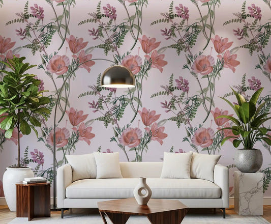 Soft lilac Whispers from the Lilac Garden wallpaper in a hallway with florals