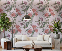 Soft lilac Whispers from the Lilac Garden wallpaper in a hallway with florals