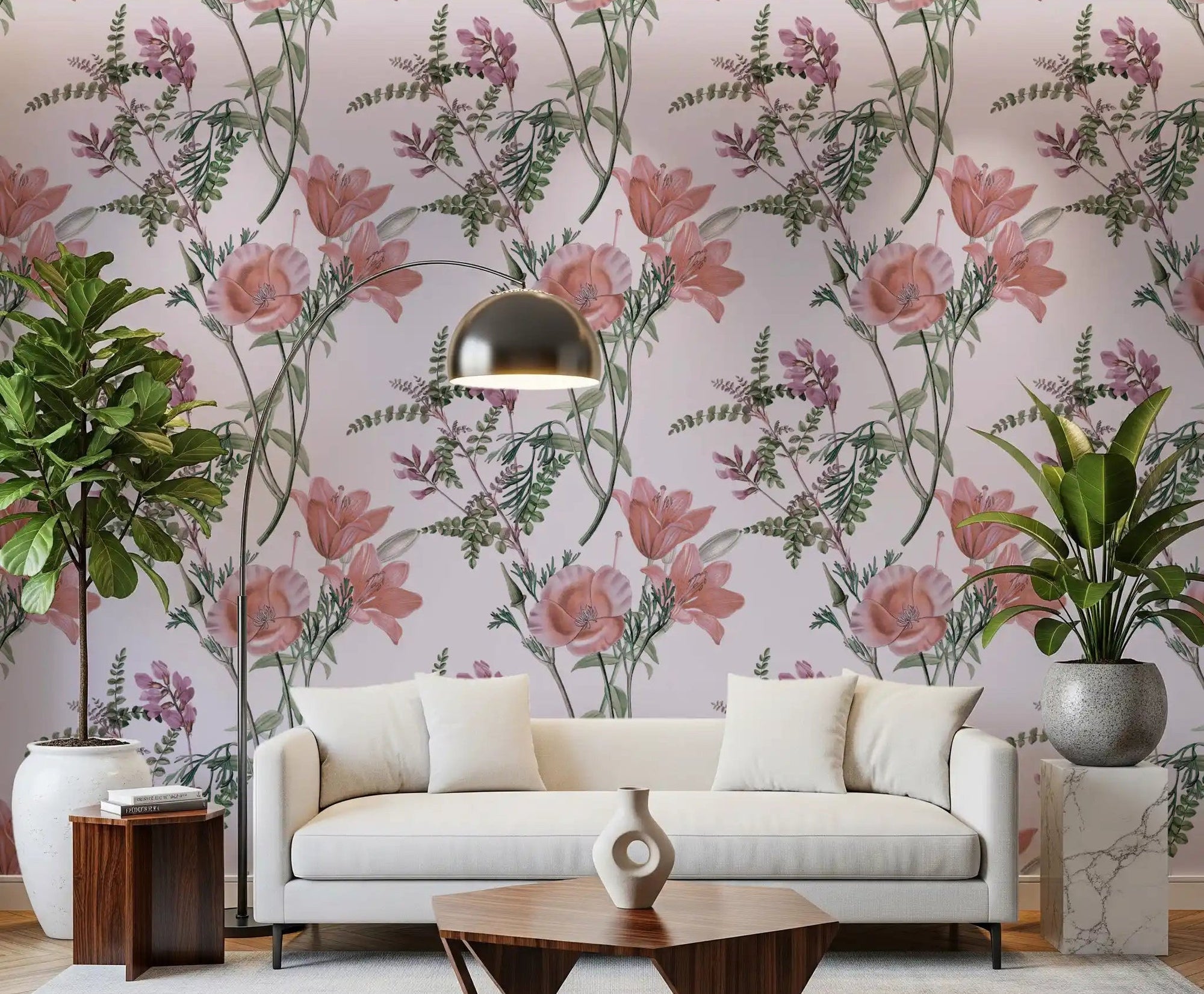 Soft lilac Whispers from the Lilac Garden wallpaper in a hallway with florals, GD9388