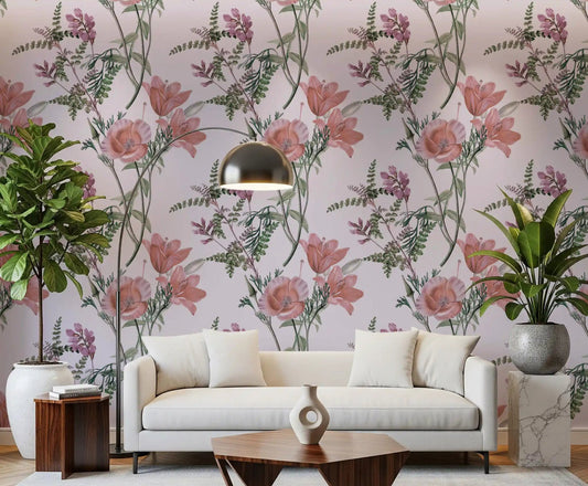 Soft lilac Whispers from the Lilac Garden wallpaper in a hallway with florals