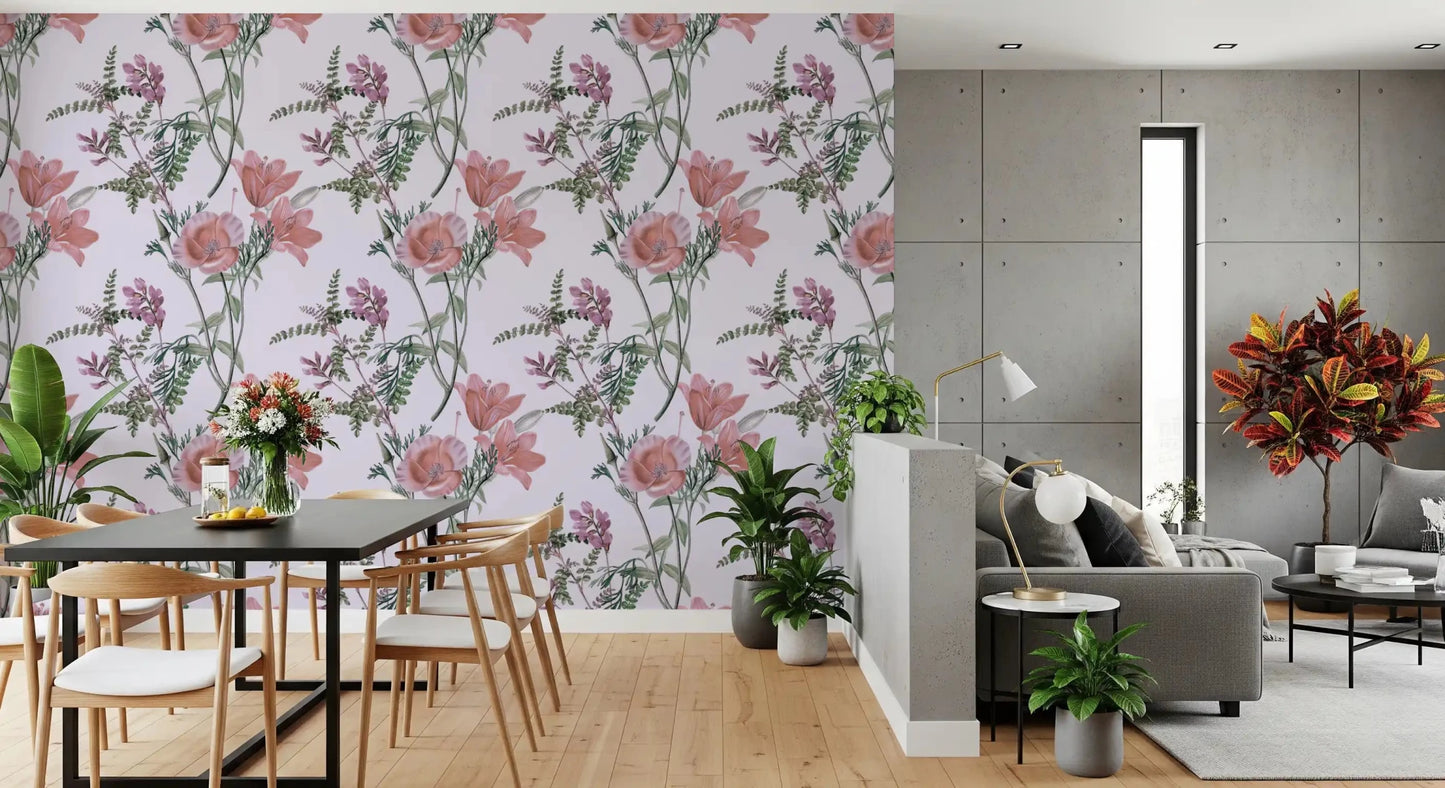 Vintage-inspired flower wallpaper with blush petals and muted green leaves