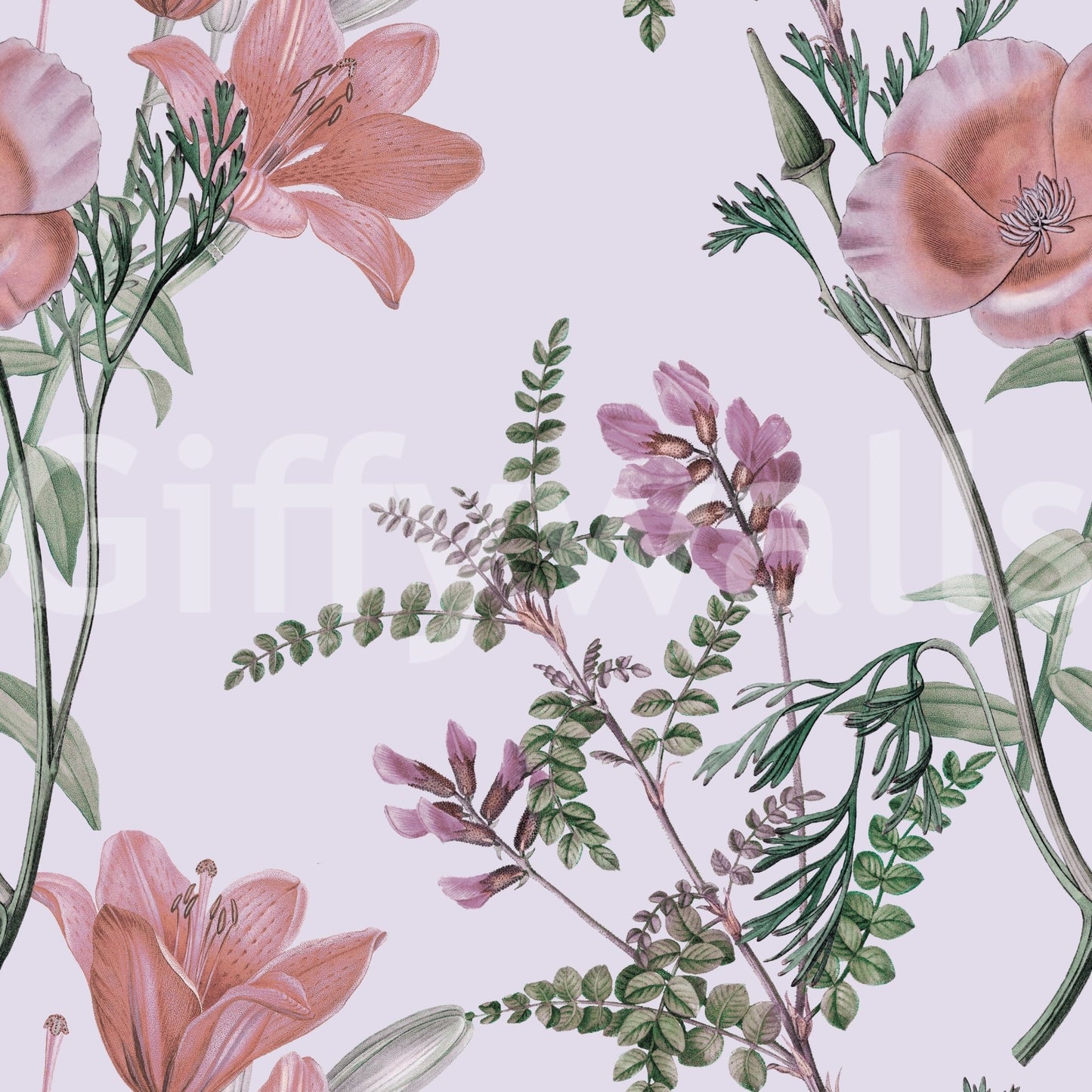 Gentle botanical forms bring a polished look to this lilac floral wallpaper