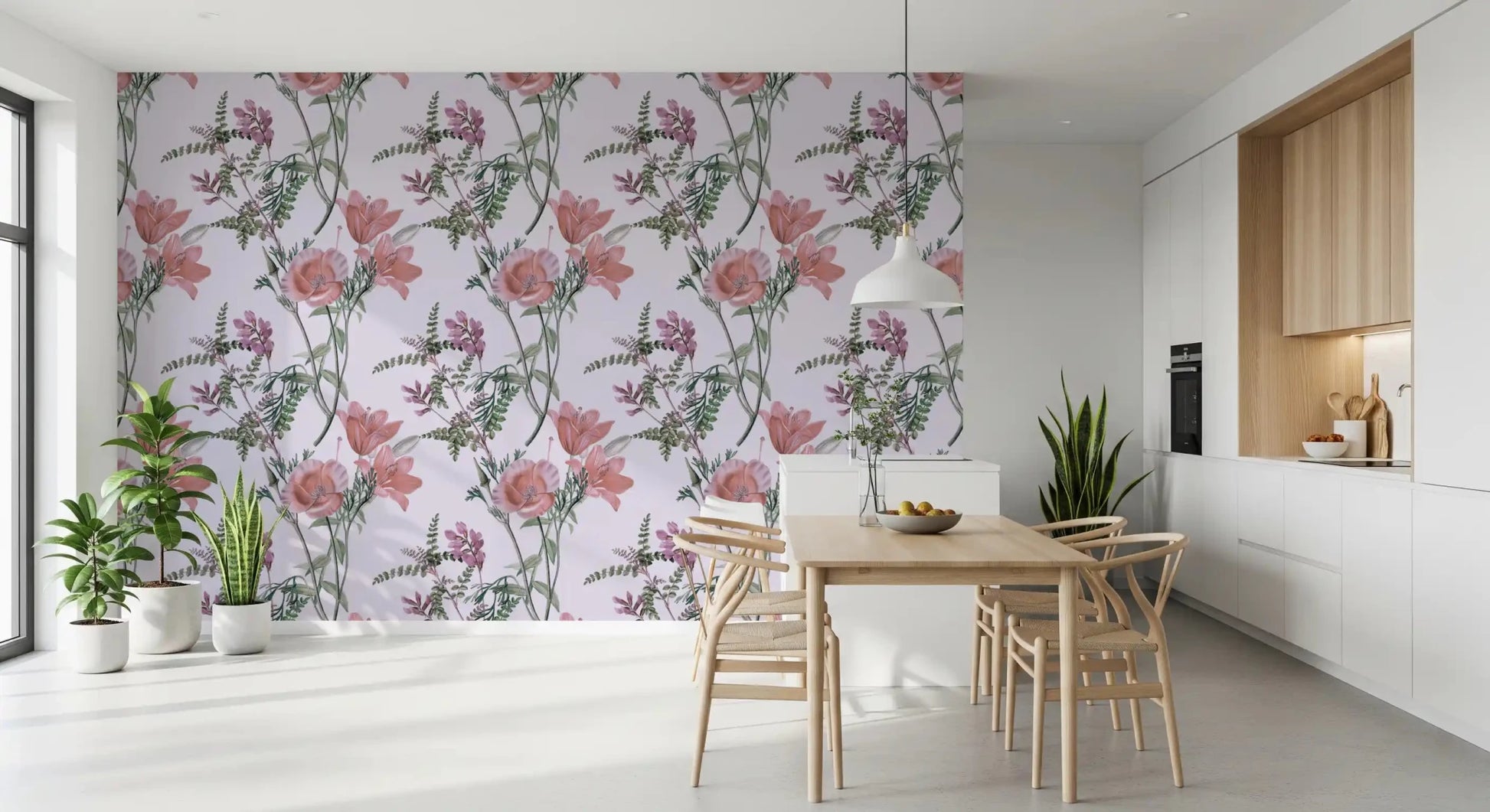 Vintage floral styling shapes Whispers from the Lilac Garden wallpaper in an dining room