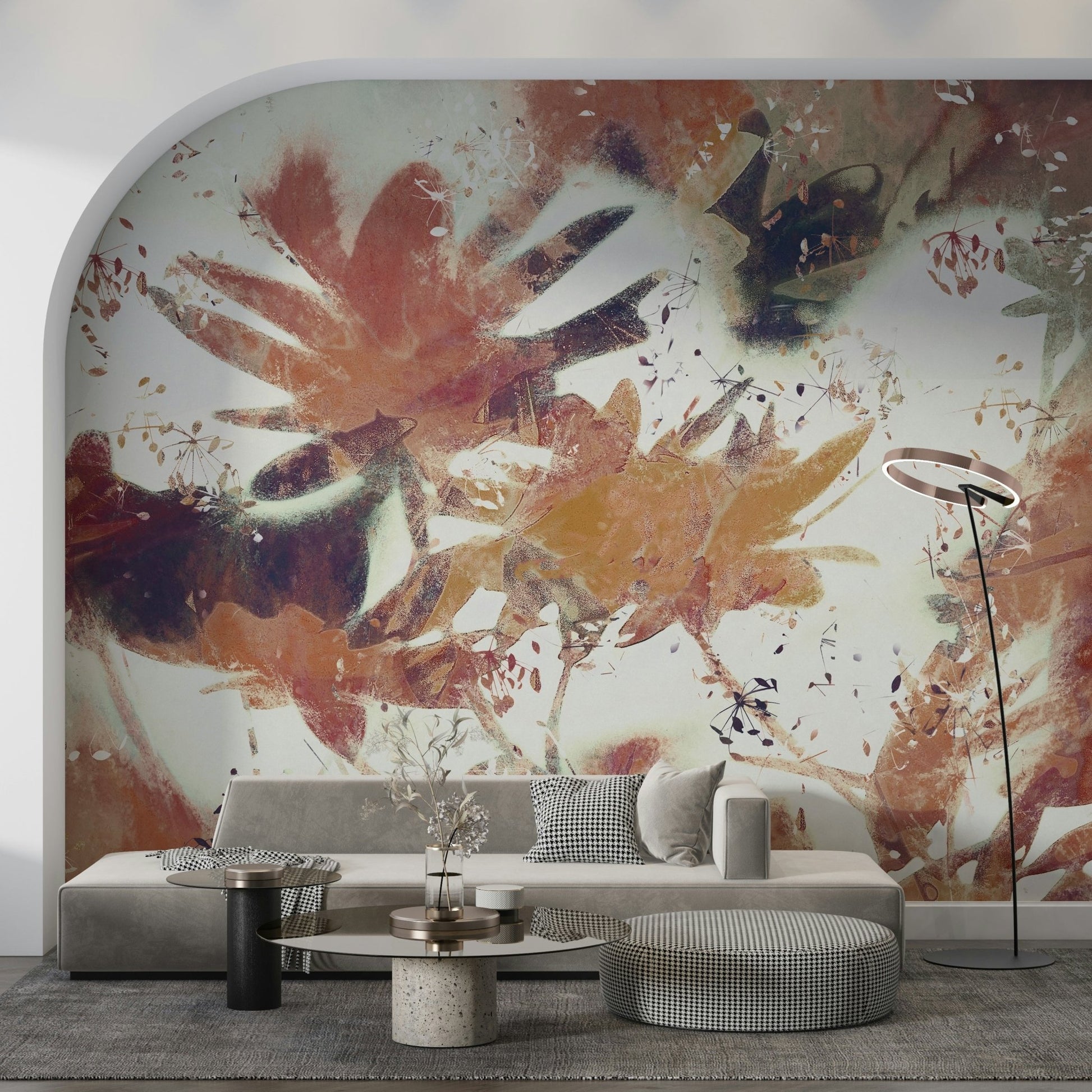 An artistic fall leaves mural on minimalist wallpaper.


