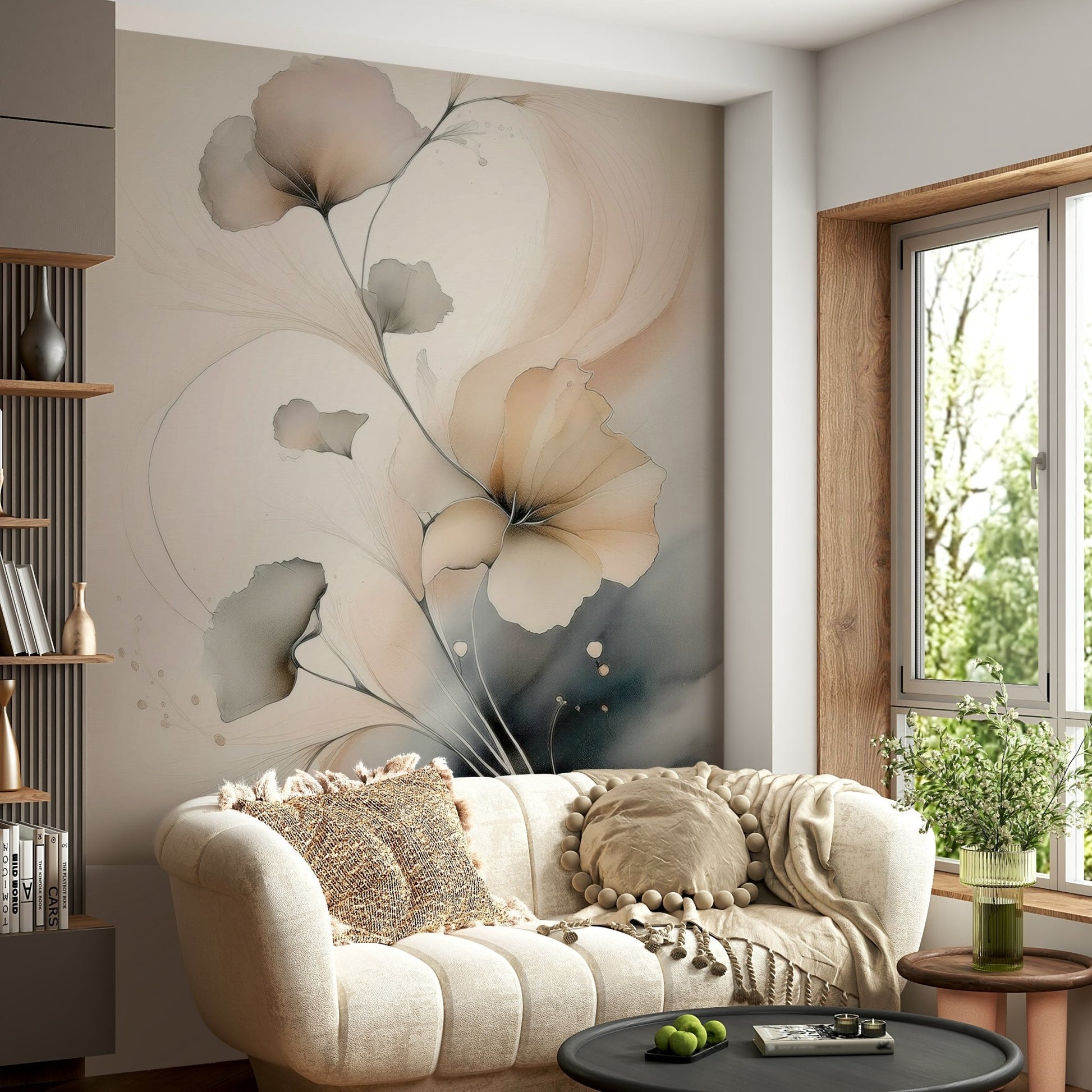 Wide room perspective featuring the calming Whispers of Bloom Wall Mural.