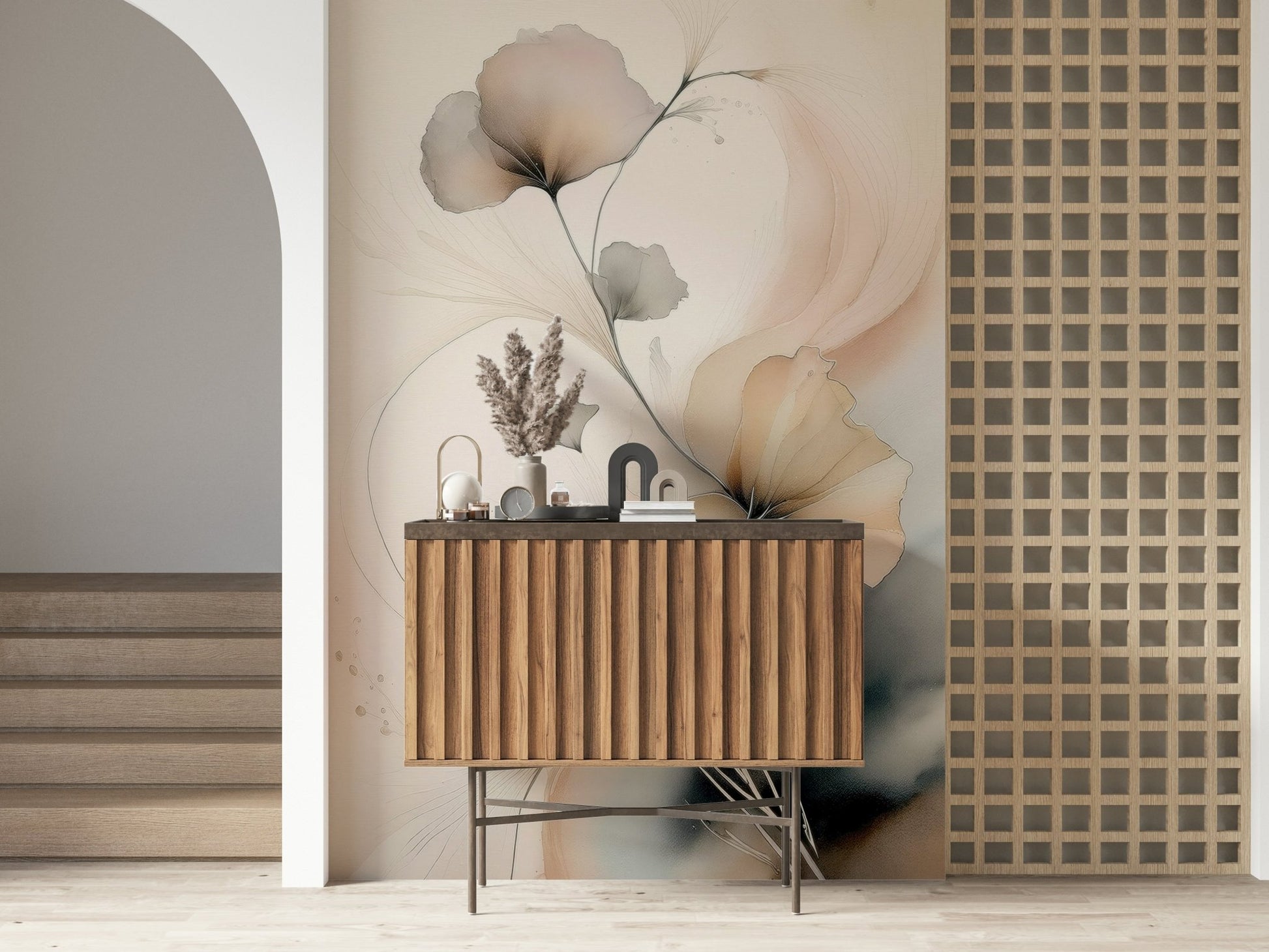 Soft pink and cream tones in the serene Whispers of Bloom Wall Mural.