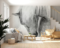 A peaceful modern abstract mural on decorative wallpaper.